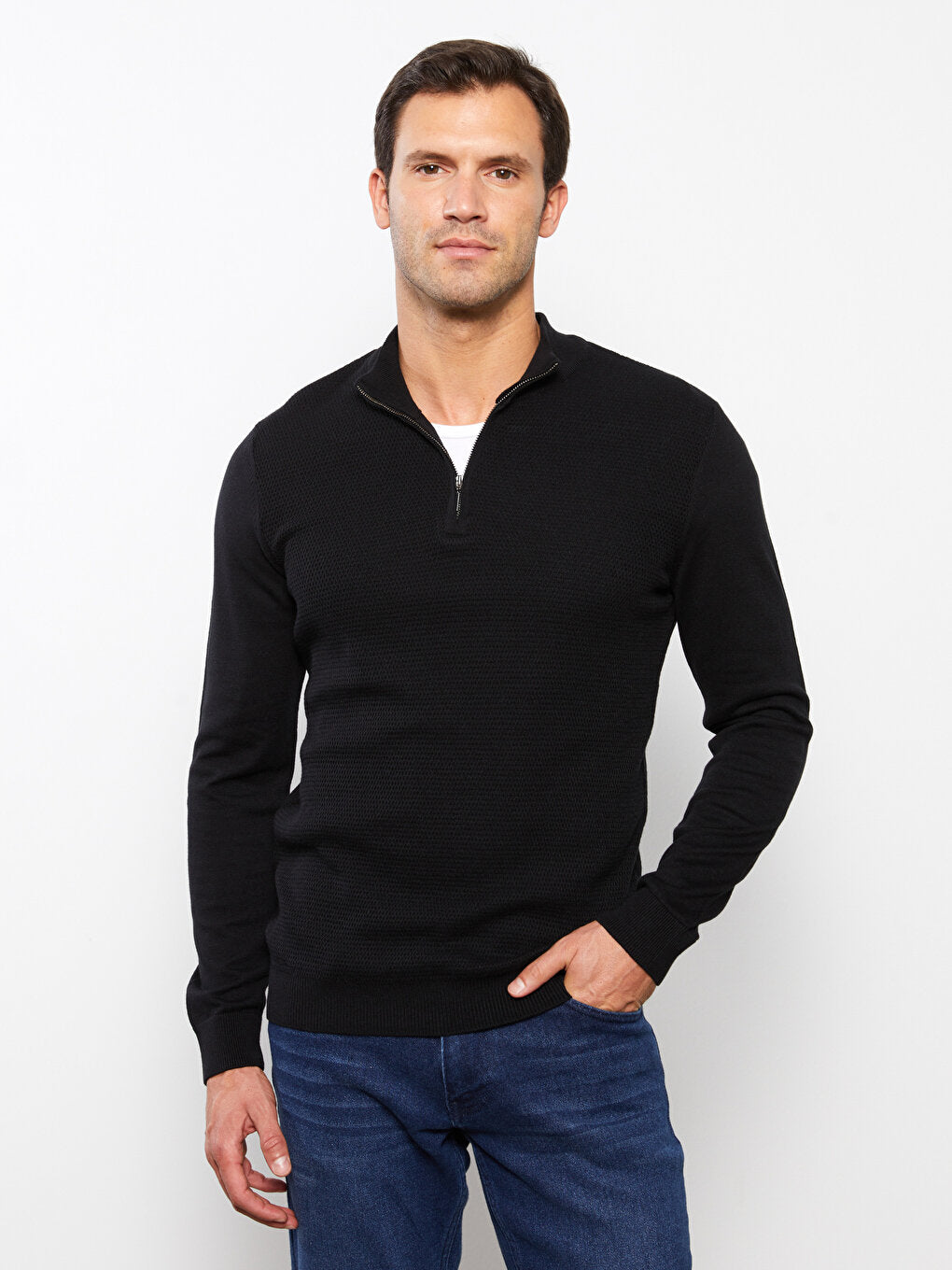 Zippered High Collar Long Sleeve Men's Knitwear Sweater