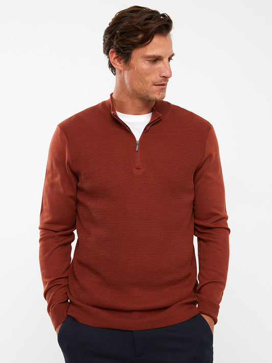 Zippered High Collar Long Sleeve Men's Knitwear Sweater