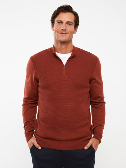 Zippered High Collar Long Sleeve Men's Knitwear Sweater