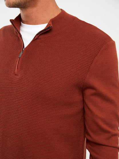 Zippered High Collar Long Sleeve Men's Knitwear Sweater