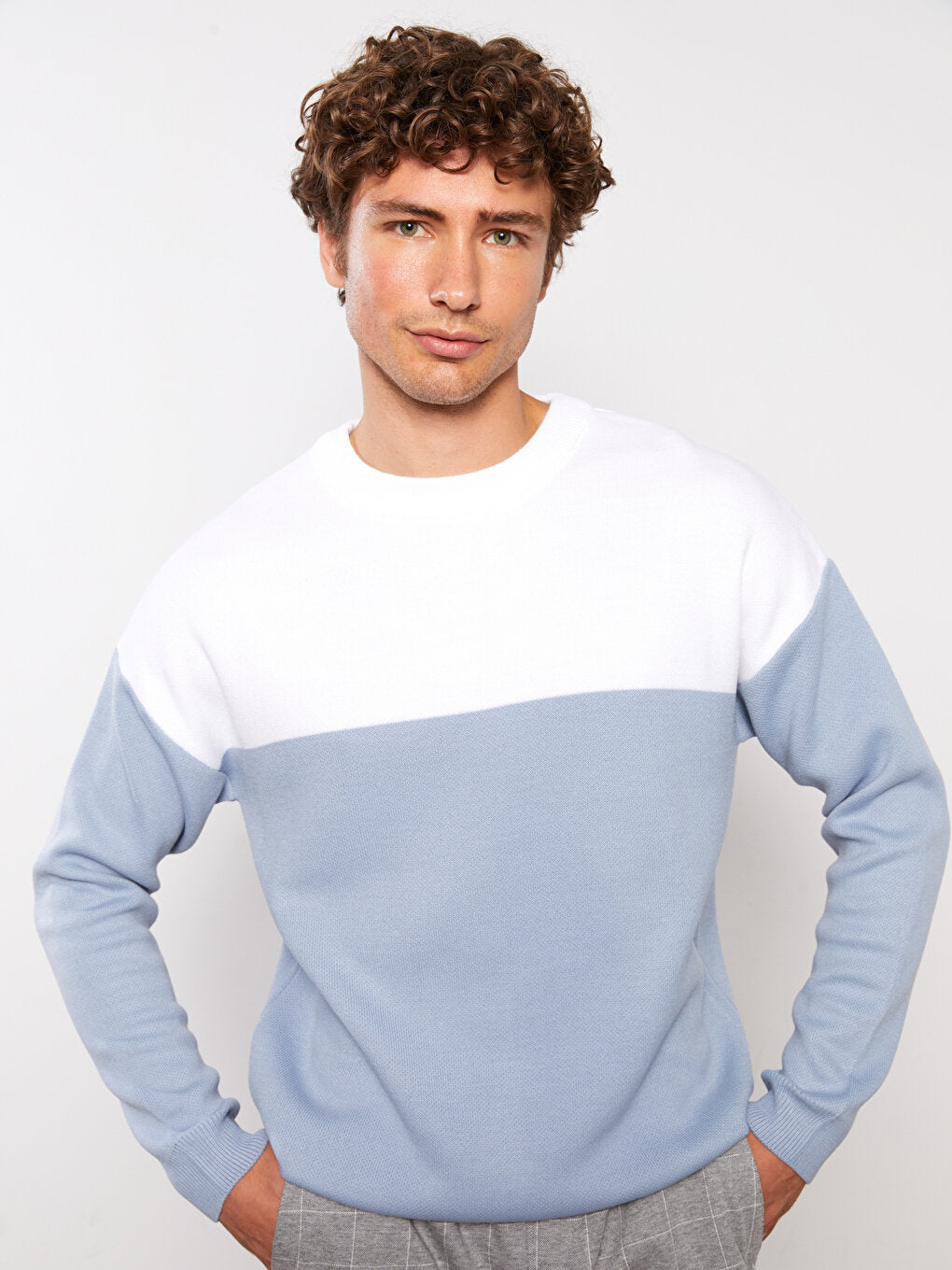 Crew Neck Long Sleeve Color Block Men's Knitwear Sweater