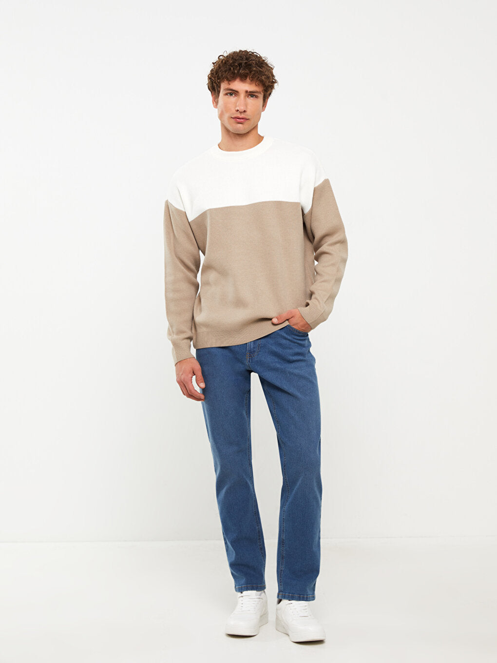 Crew Neck Long Sleeve Color Block Men's Knitwear Sweater