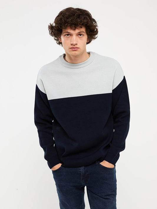 Crew Neck Long Sleeve Color Block Men's Knitwear Sweater