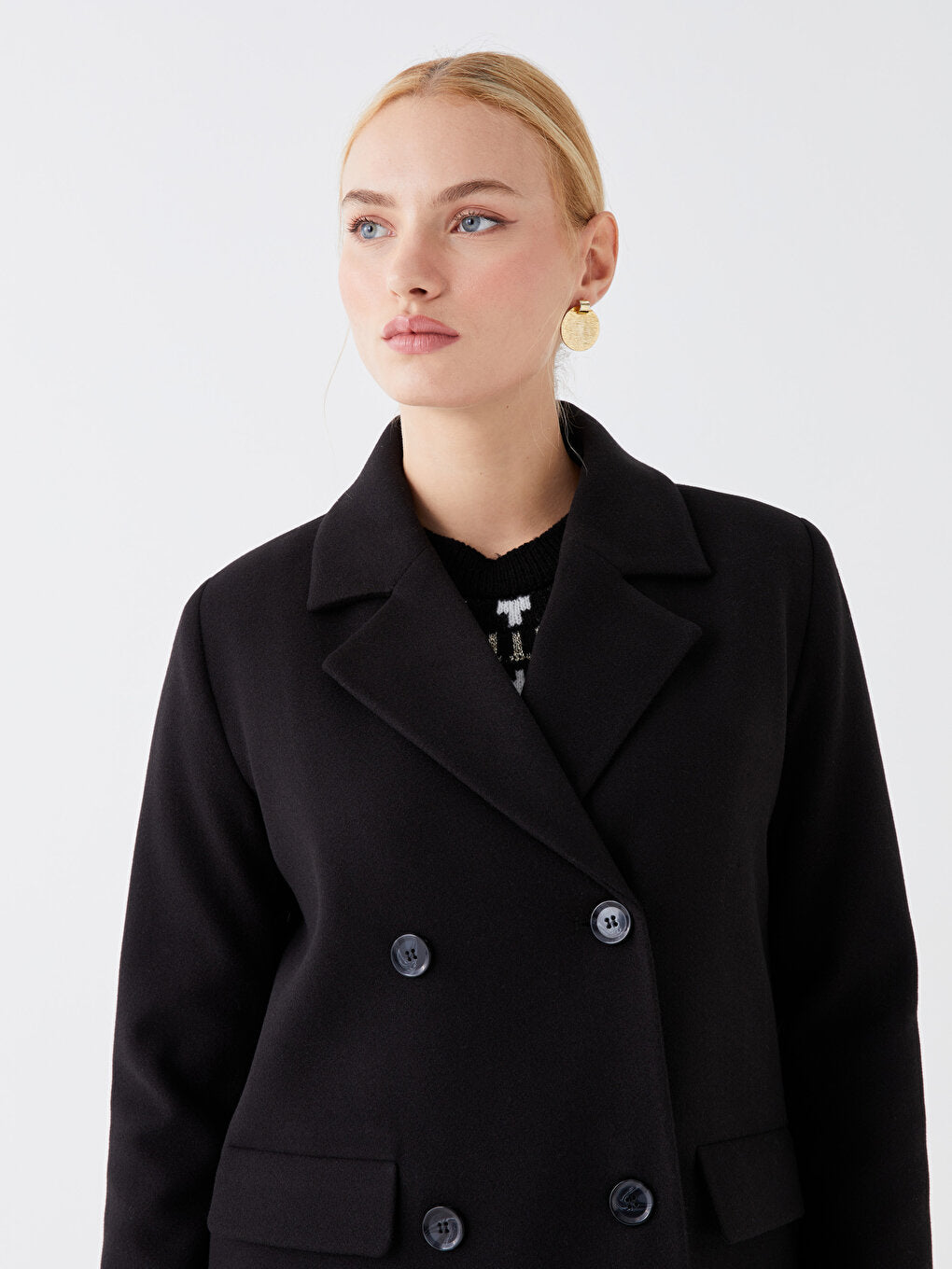 Women's Double Breasted Collar Plain Cuff Coat