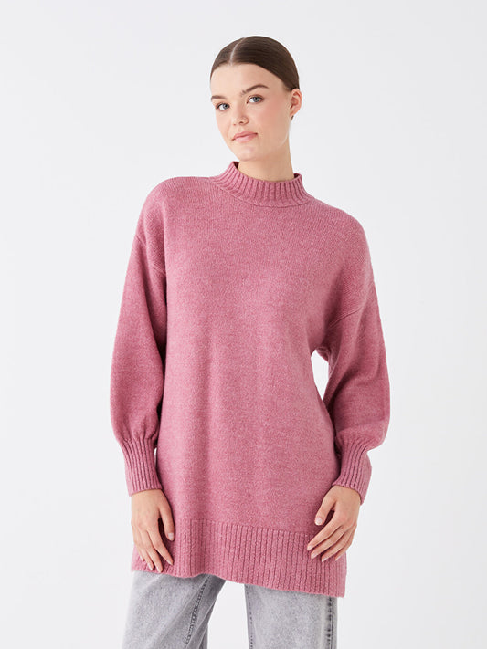 Half Turtleneck Plain Long Sleeve Oversize Women's Knitwear Tunic