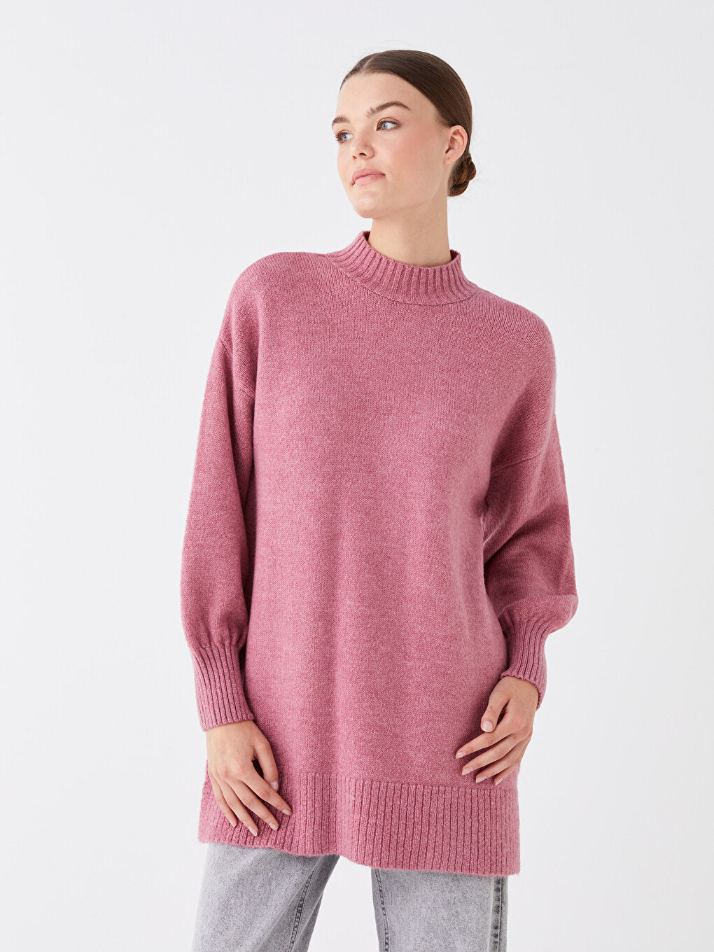 Half Turtleneck Plain Long Sleeve Oversize Women's Knitwear Tunic