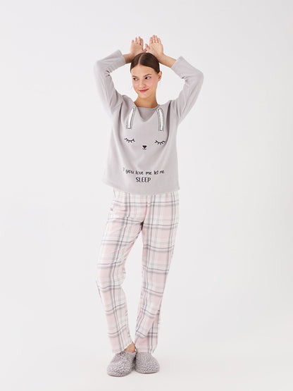 Crew Neck Embroidered Long Sleeve Women's Pajama Set