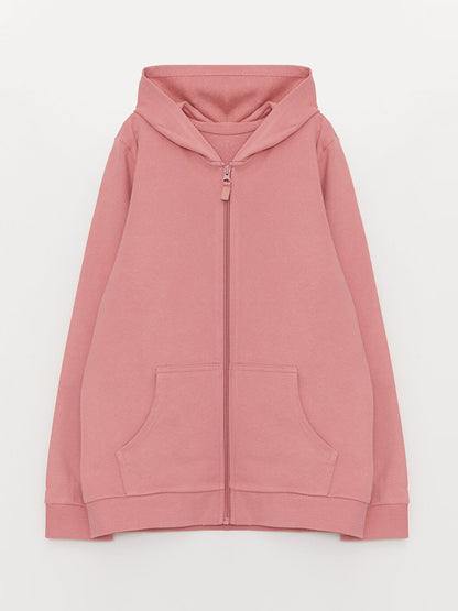 Hooded Basic Long Sleeve Girl's Zippered Sweatshirt