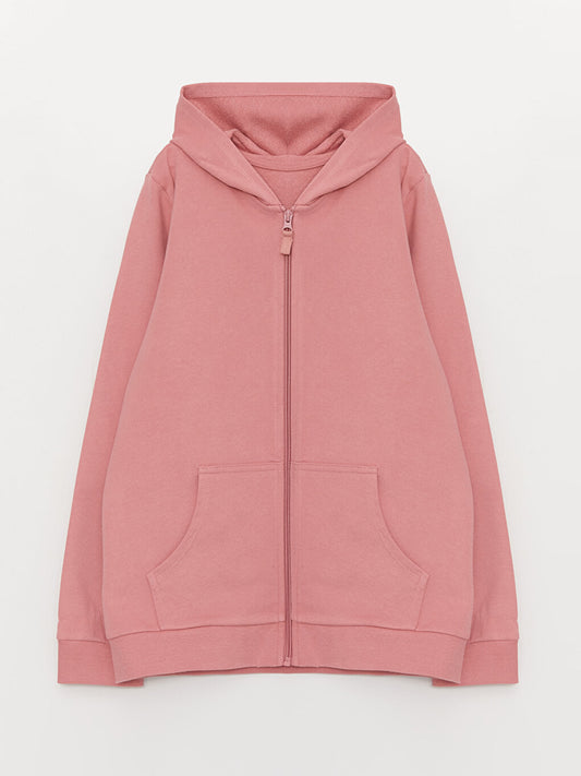 Hooded Basic Long Sleeve Girl's Zippered Sweatshirt