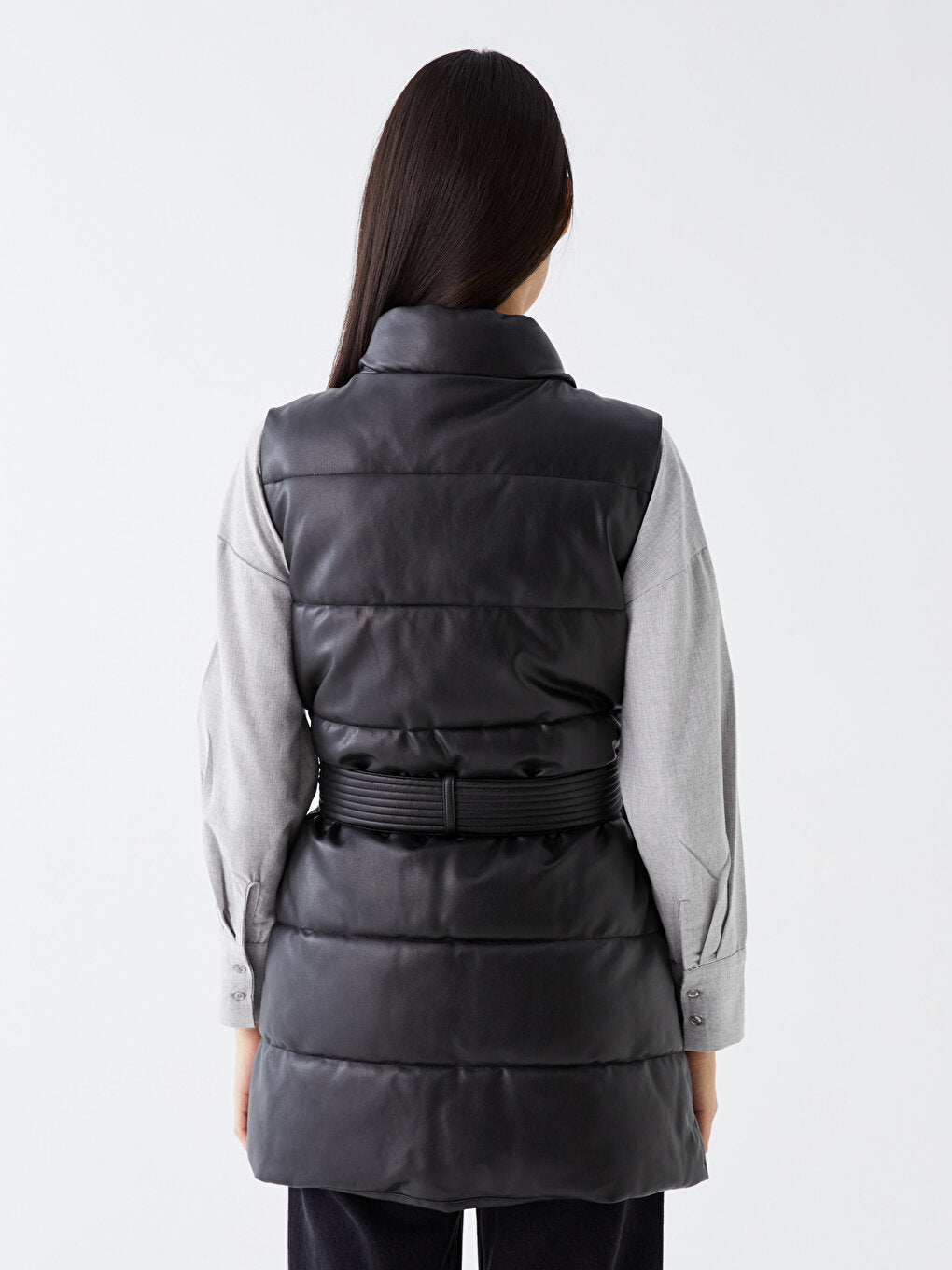 High Collar Plain Leather Look Women's Puffer Vest