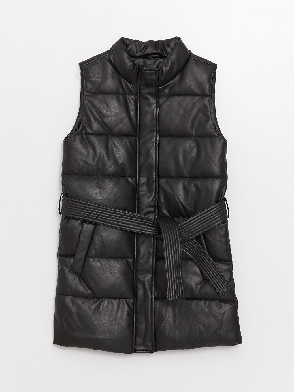 High Collar Plain Leather Look Women's Puffer Vest