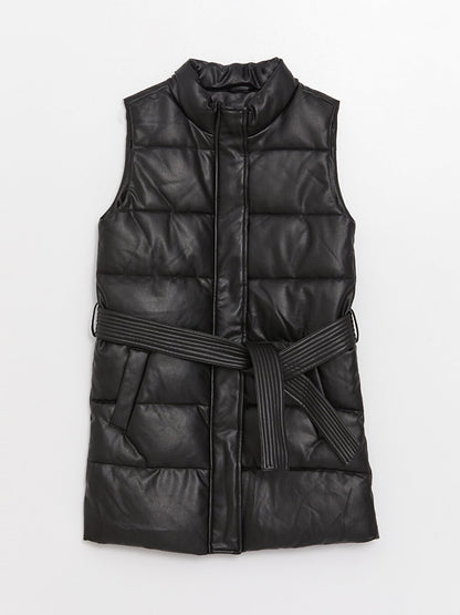 High Collar Plain Leather Look Women's Puffer Vest