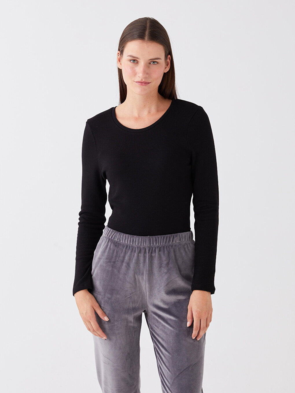 Crew Neck Plain Long Sleeve Women's Thermal Underwear