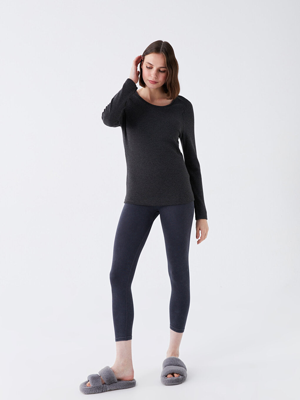 Crew Neck Plain Long Sleeve Women's Thermal Underwear