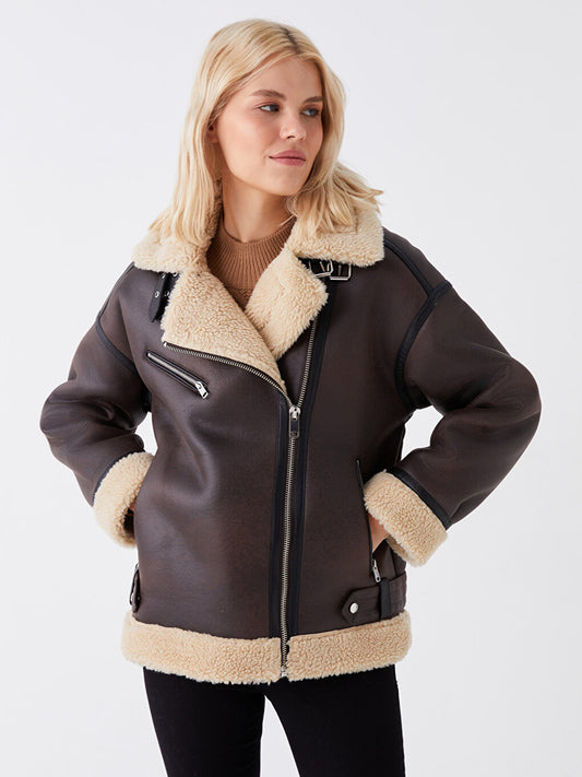 Women's Biker Collar Plain Leather Look Coat