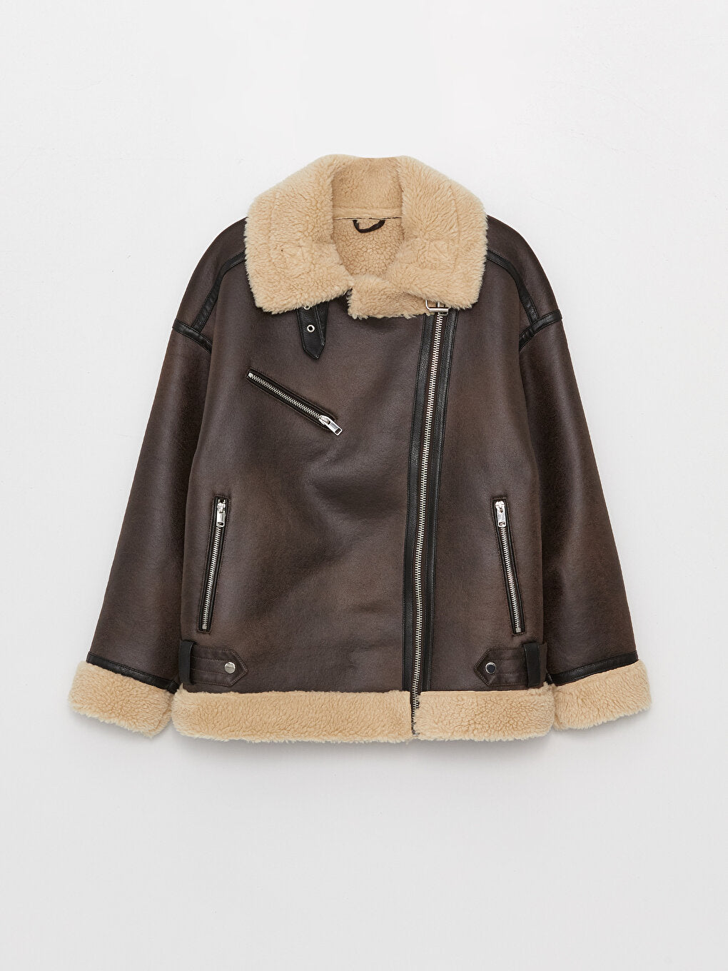 Women's Biker Collar Plain Leather Look Coat