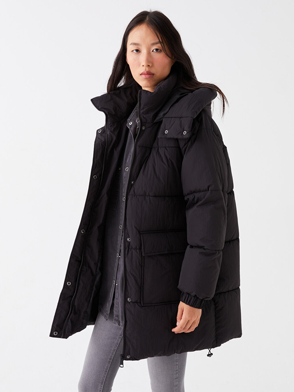 Hooded Plain Long Sleeve Women's Puffer Coat