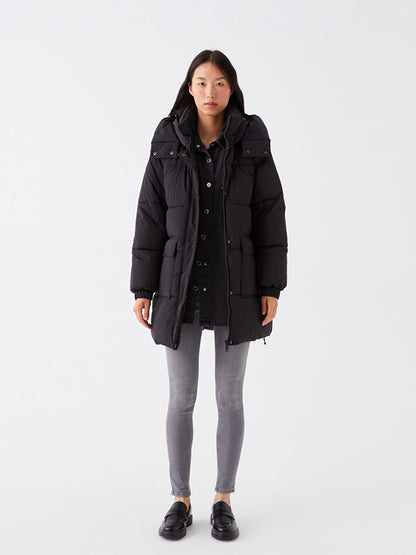 Hooded Plain Long Sleeve Women's Puffer Coat