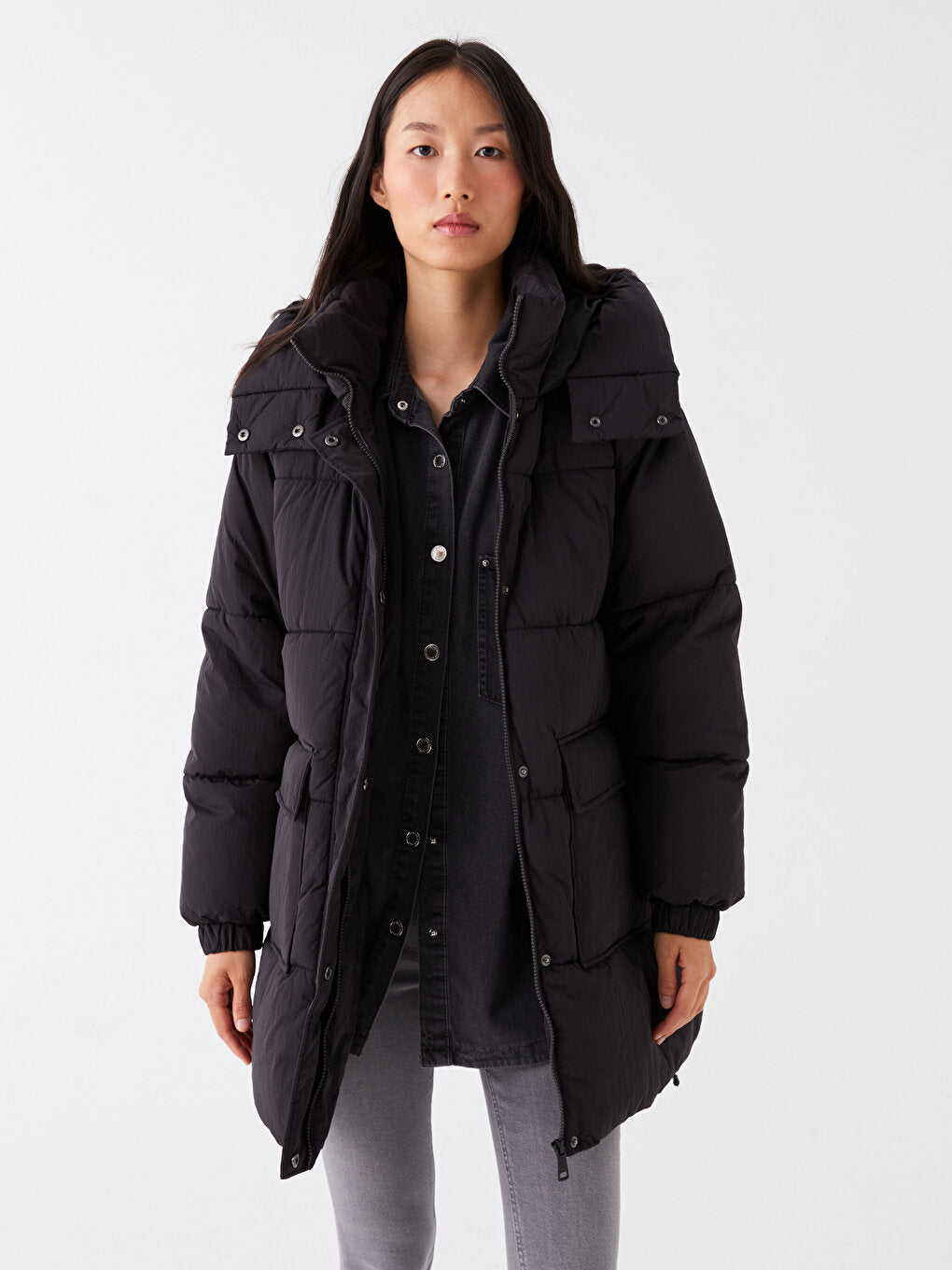 Hooded Plain Long Sleeve Women's Puffer Coat