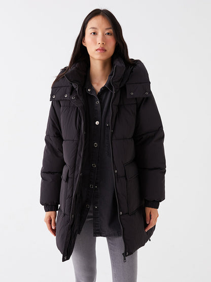 Hooded Plain Long Sleeve Women's Puffer Coat