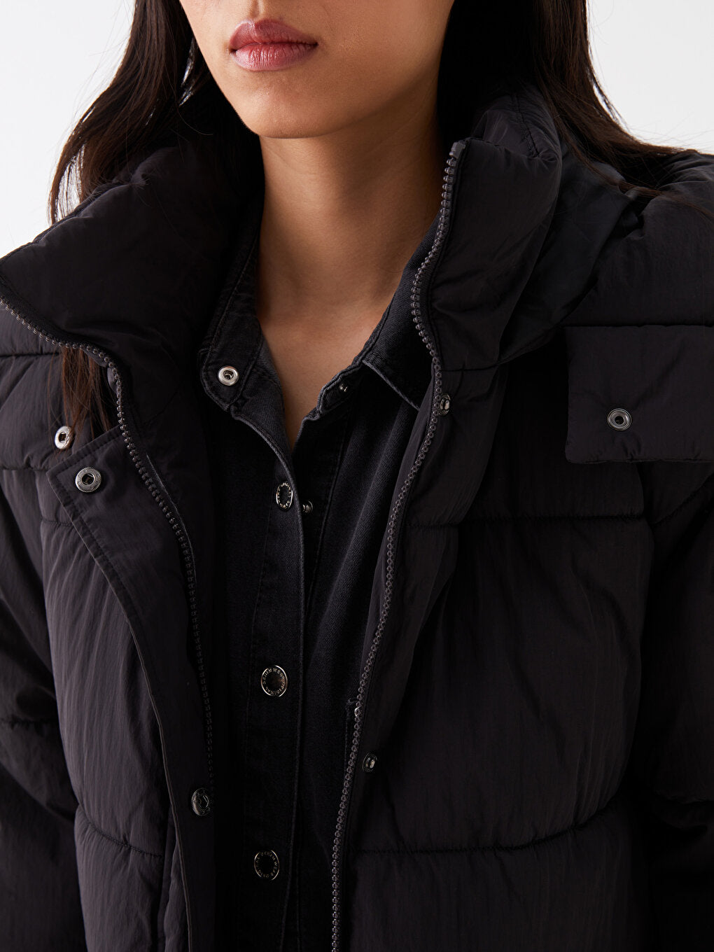 Hooded Plain Long Sleeve Women's Puffer Coat