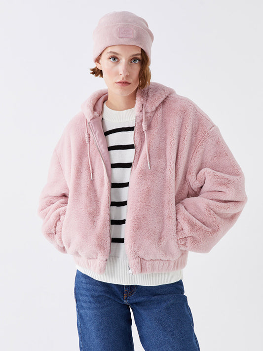 Women's Hooded Plain Fur Coat