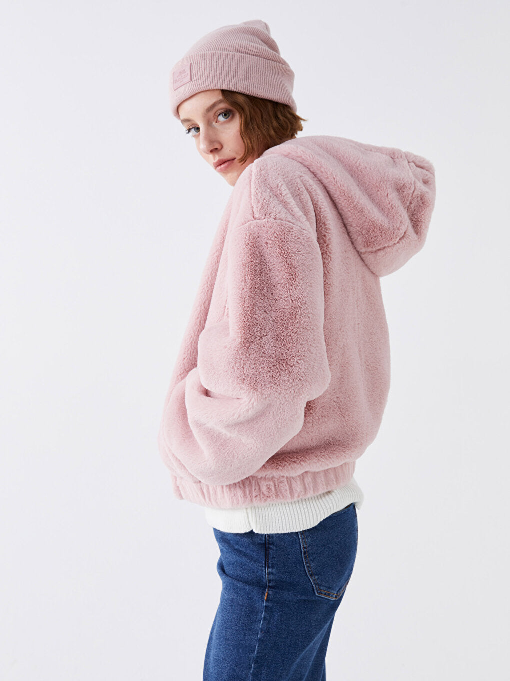 Women's Hooded Plain Fur Coat