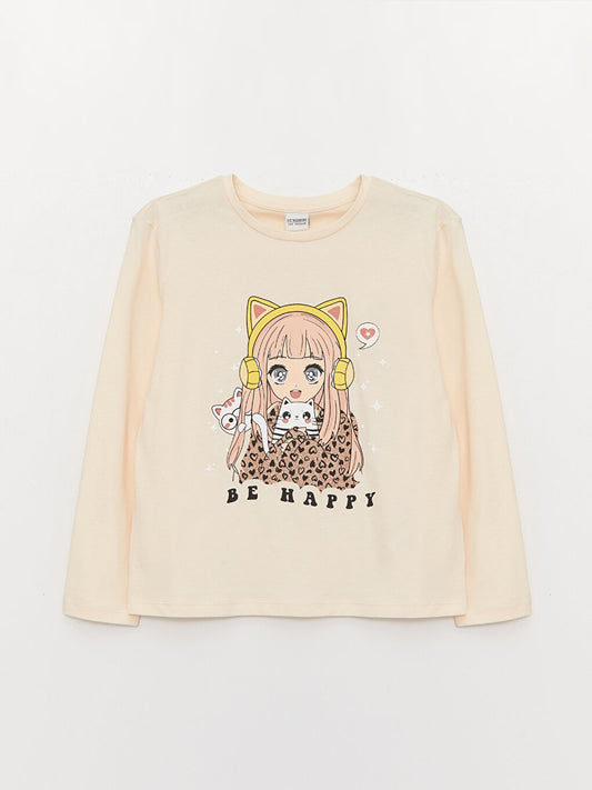 Crew Neck Printed Long Sleeve Girls' T-Shirt