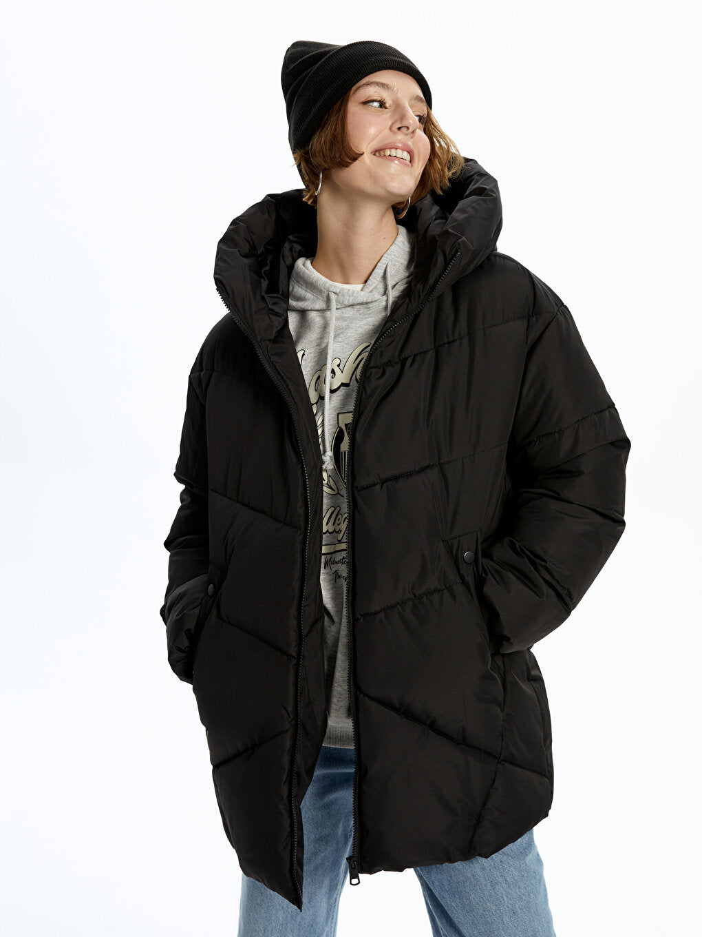 Hooded Plain Long Sleeve Women's Puffer Coat