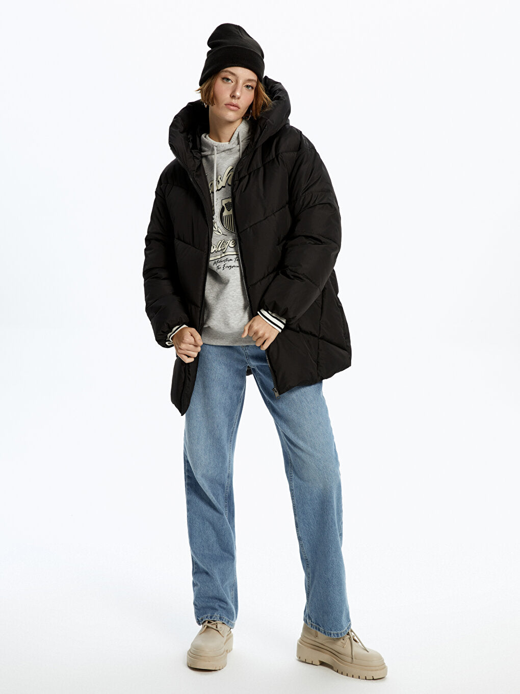 Hooded Plain Long Sleeve Women's Puffer Coat