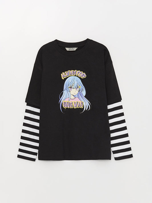 Crew Neck Printed Long Sleeve Girl's T-Shirt