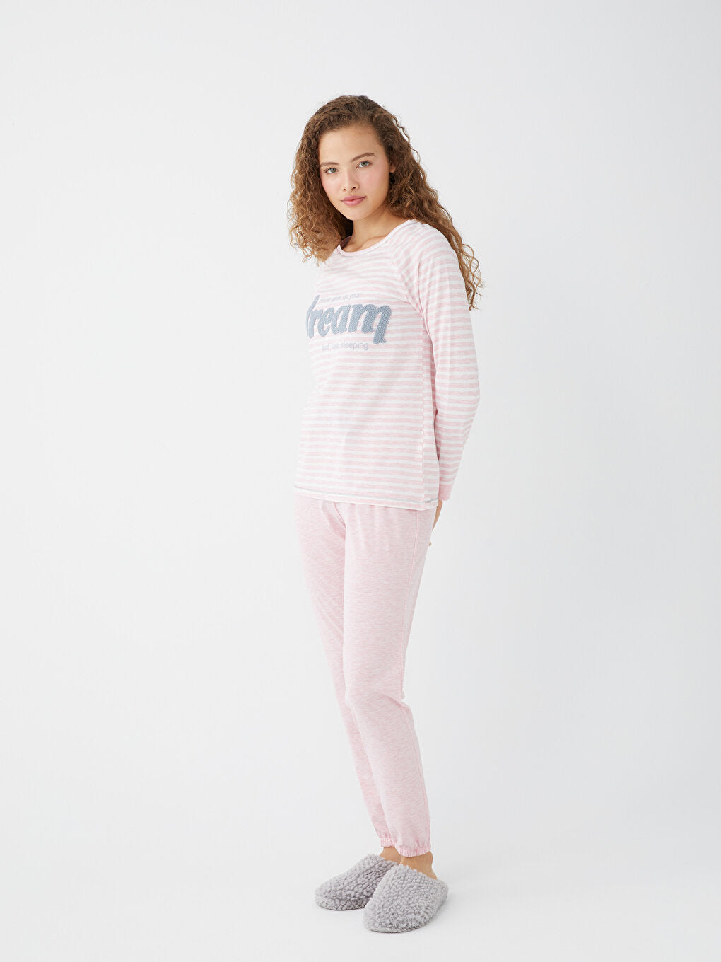 Crew Neck Embroidered Long Sleeve Women's Pajama Set