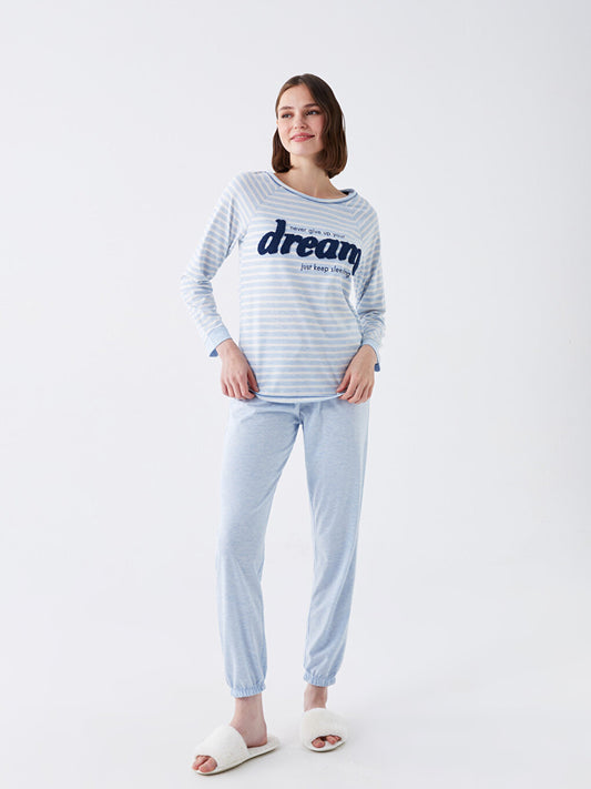 Crew Neck Embroidered Long Sleeve Women's Pajama Set