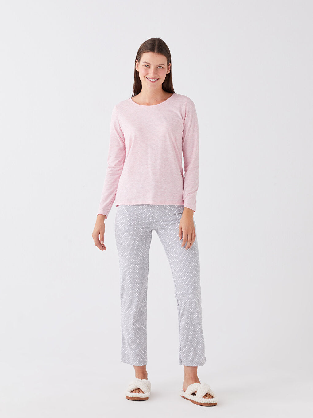 Crew Neck Plain Long Sleeve Women's Pajama Set