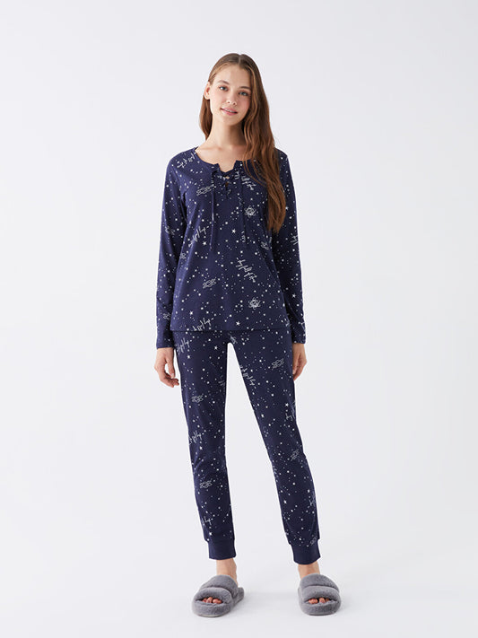 Tie Collar Printed Long Sleeve Women's Pajama Set