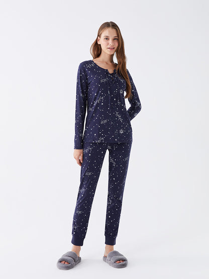 Tie Collar Printed Long Sleeve Women's Pajama Set