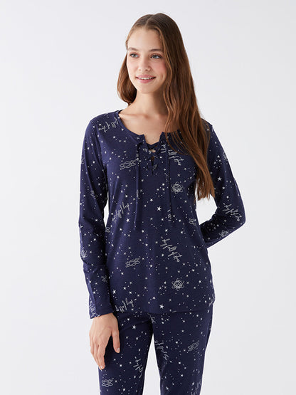 Tie Collar Printed Long Sleeve Women's Pajama Set