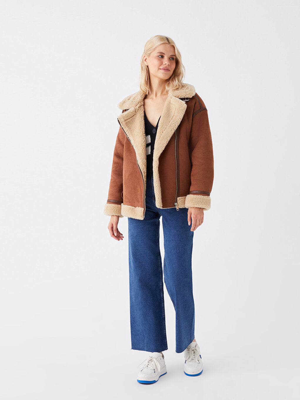 Women's Biker Collar Plain Suede Look Coat