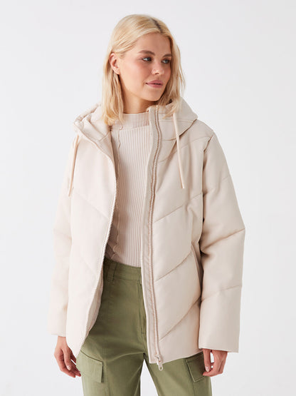 Hooded Plain Leather Look Oversize Women's Puffer Coat