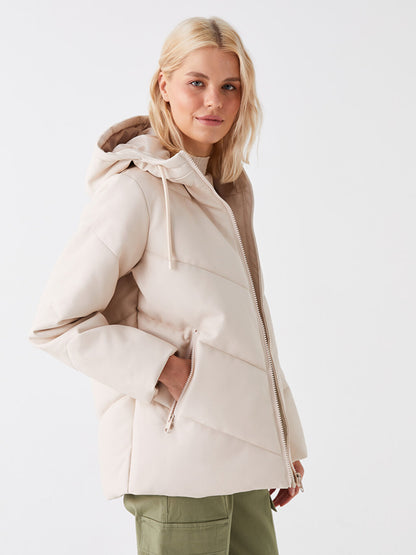 Hooded Plain Leather Look Oversize Women's Puffer Coat