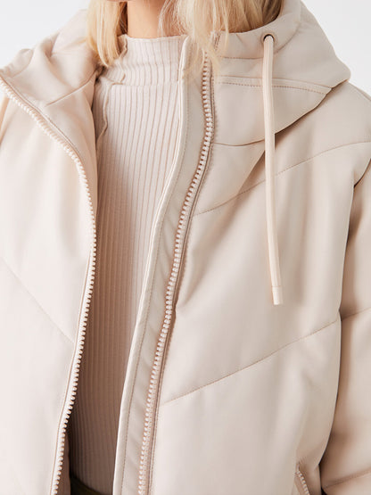 Hooded Plain Leather Look Oversize Women's Puffer Coat