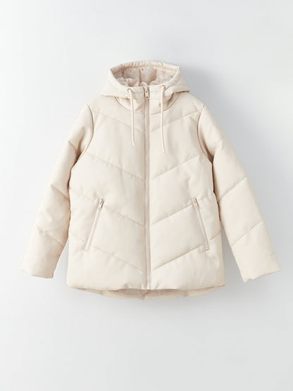 Hooded Plain Leather Look Oversize Women's Puffer Coat