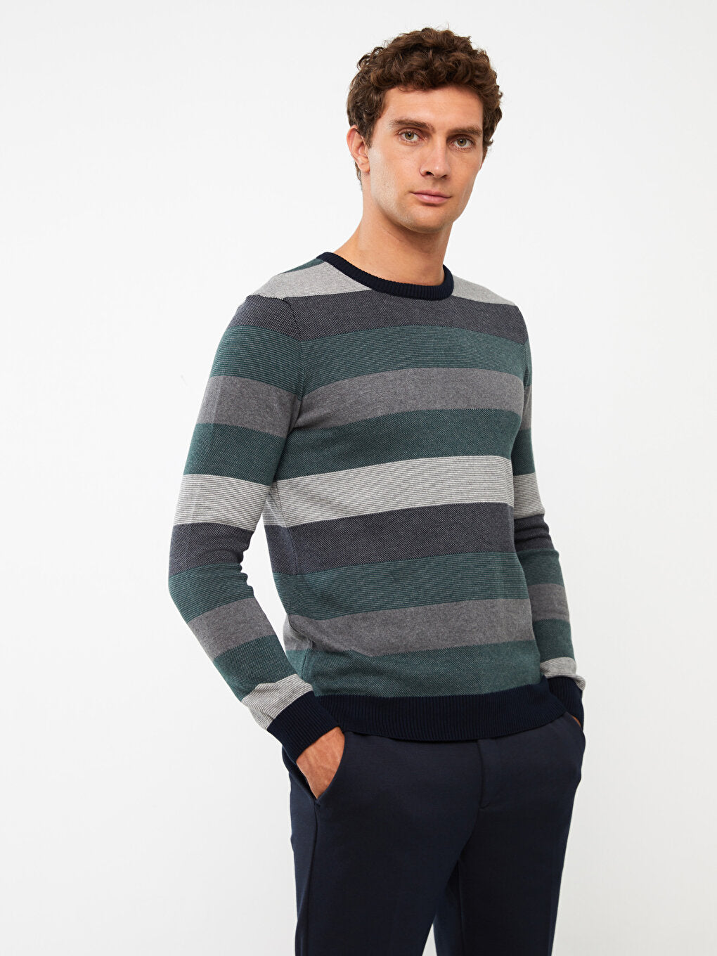 Crew Neck Long Sleeve Striped Men's Knitwear Sweater