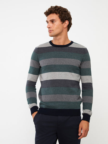 Crew Neck Long Sleeve Striped Men's Knitwear Sweater