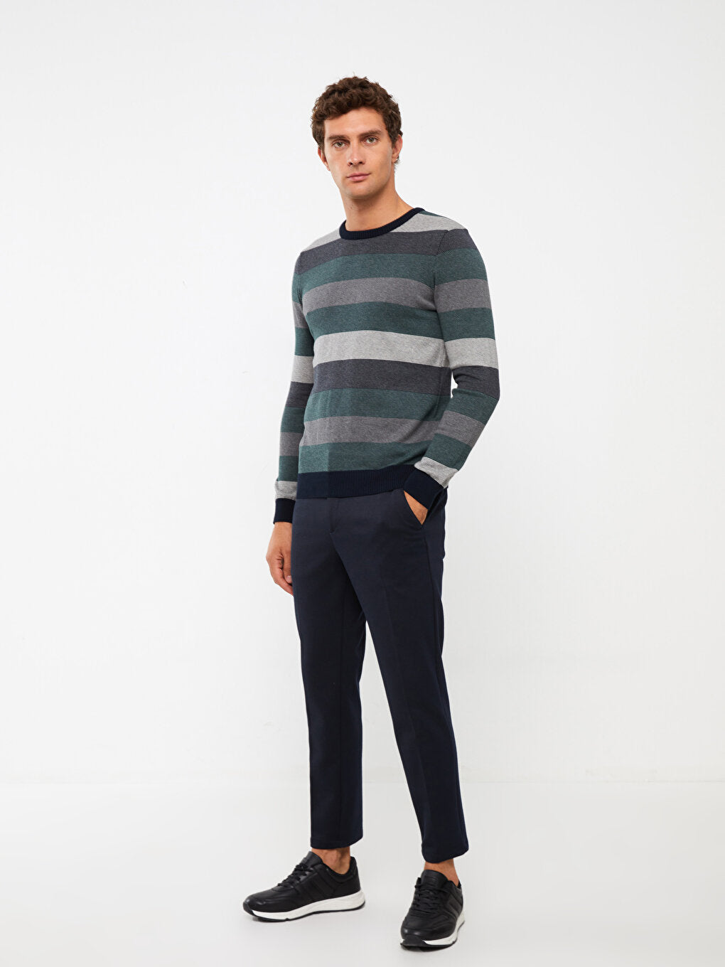 Crew Neck Long Sleeve Striped Men's Knitwear Sweater