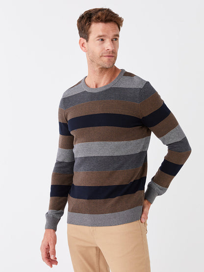 Crew Neck Long Sleeve Striped Men's Knitwear Sweater