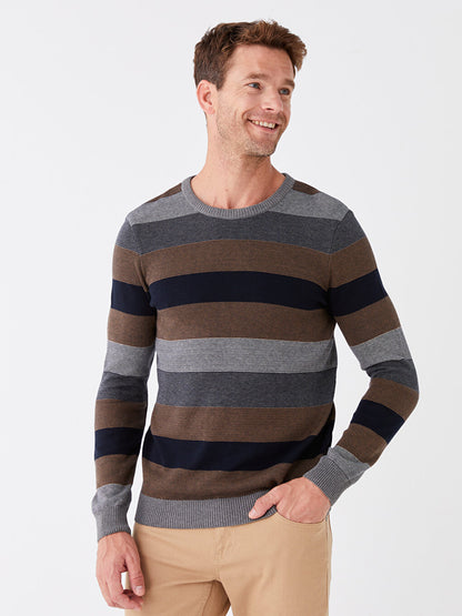 Crew Neck Long Sleeve Striped Men's Knitwear Sweater