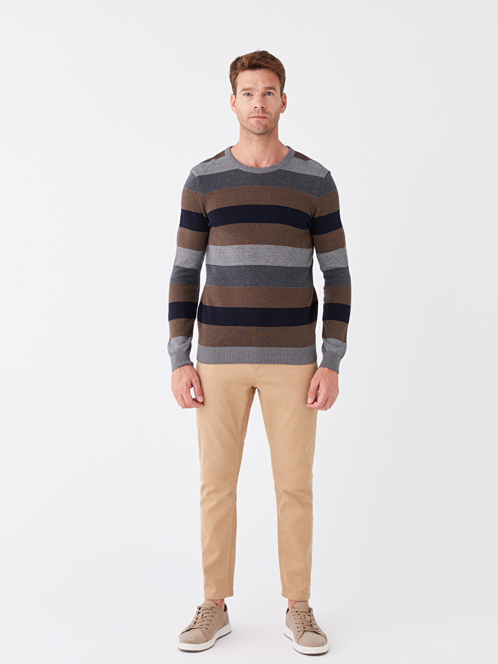 Crew Neck Long Sleeve Striped Men's Knitwear Sweater