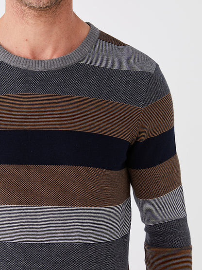 Crew Neck Long Sleeve Striped Men's Knitwear Sweater