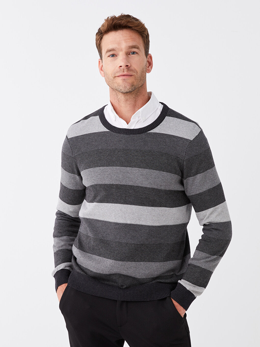 Crew Neck Long Sleeve Striped Men's Knitwear Sweater